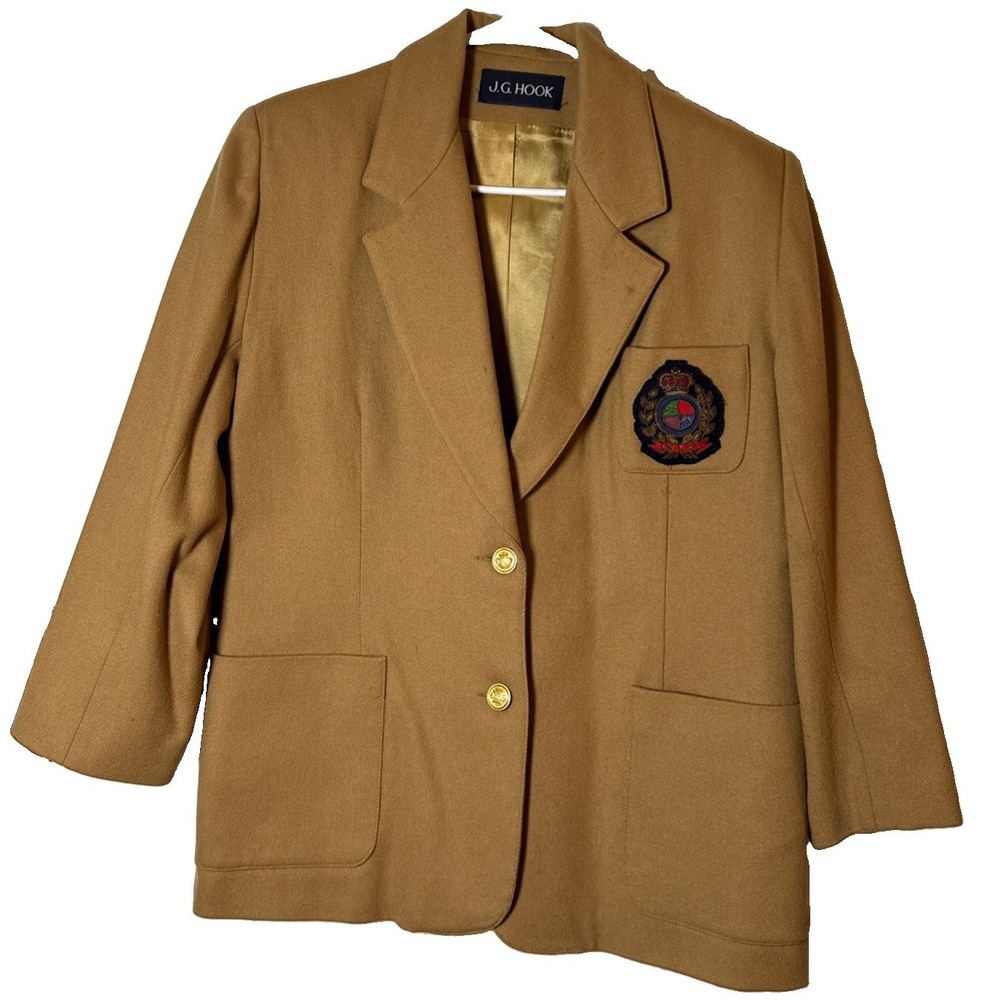 VTG J.G. Hook Women's Large 100% Wool Camel Blazer Crest Gold Buttons